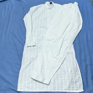 Boys 2 Piece Pakistani Shalwar Kameez White Cotton Kurta Fully Embroidered